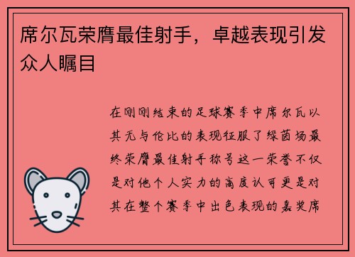席尔瓦荣膺最佳射手，卓越表现引发众人瞩目