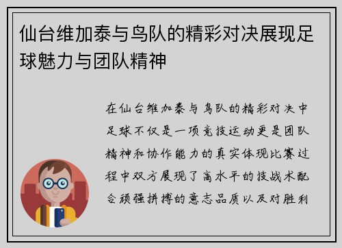 仙台维加泰与鸟队的精彩对决展现足球魅力与团队精神